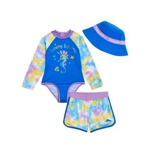 Tommy Bahama Girls 3-Piece Rash Guard Swim Shorts and Reversible Bucket Hat Set